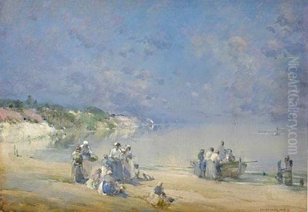 A Day At The Beach With A Boat Ashore Oil Painting by William Henry Holmes