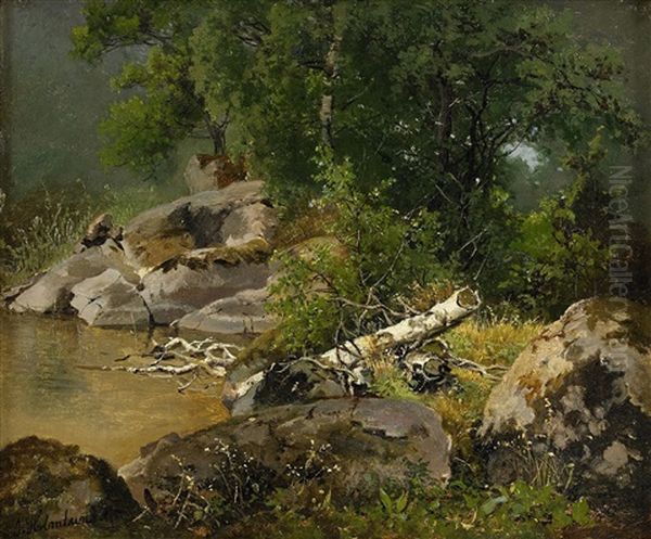 Landskap Med Skog, Vatten, Klippor Och Fallen Bjorkstam Oil Painting by Josephina Holmlund