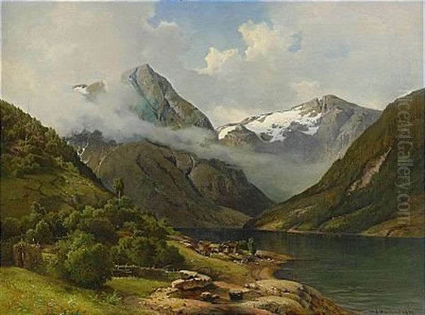 Fjordlandskap Med Gardsmiljo Oil Painting by Josephina Holmlund