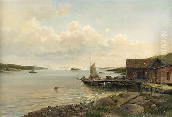 Kustlandskap Med Batar Och Byggnader Vid Brygga Oil Painting by Josephina Holmlund