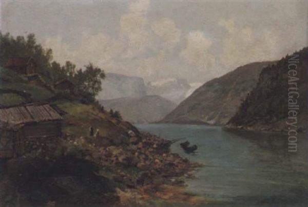 Fjordlandskap Med Figurer Och Byggnader Oil Painting by Josephina Holmlund