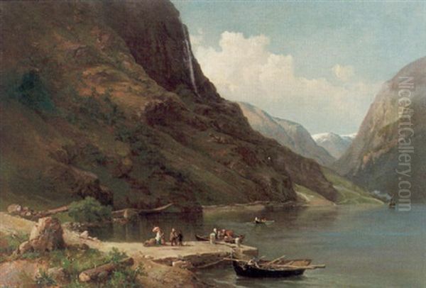 Fjordlandskap Med Resande Sallskap Oil Painting by Josephina Holmlund