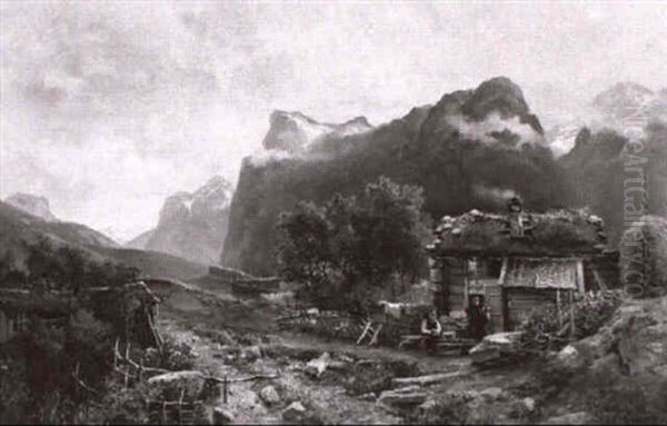 Mountainous Landscape With Couple Working Near A Cottage Oil Painting by Josephina Holmlund