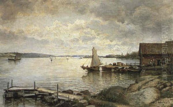 Kustlandskap Med Bryggor Och Batar I Kvallsjus - Motiv Fran Furusund, Stockholms Skargard Oil Painting by Josephina Holmlund