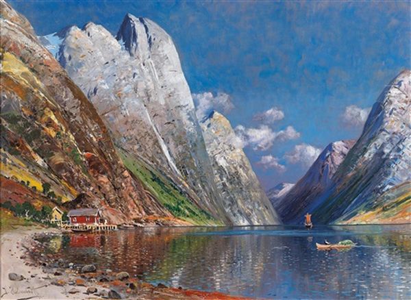 Large Fjord Landscape Oil Painting by Johann Holmstedt