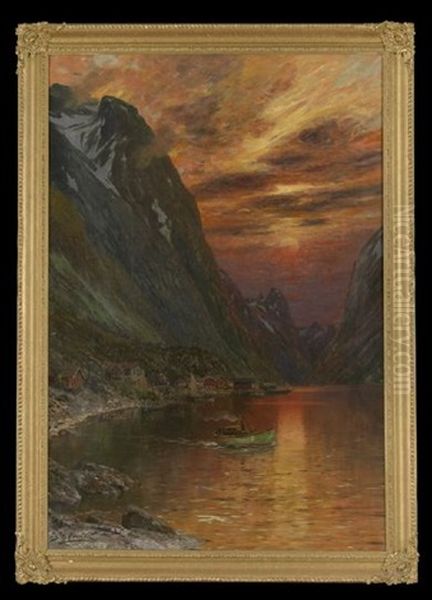 Fjord At Sunset Oil Painting by Johann Holmstedt