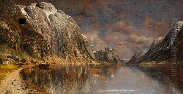 An Extensive Fjord Landscape With Figures In A Boat Oil Painting by Johann Holmstedt