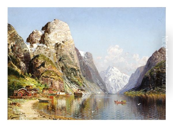 Village On A Fjord Oil Painting by Joseph Holmstedt