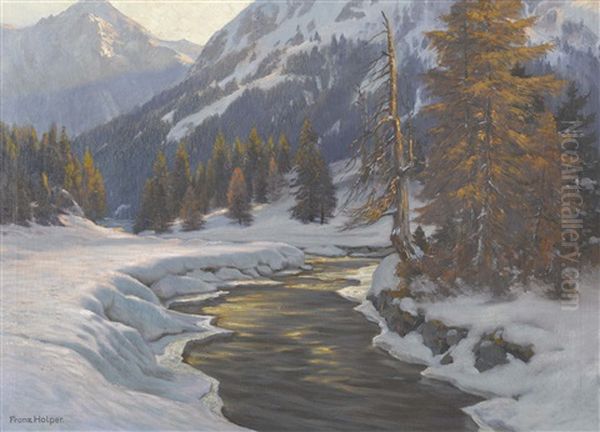 Verschneite Bachlandschaft In Der Abendsonne Oil Painting by Franz Holper