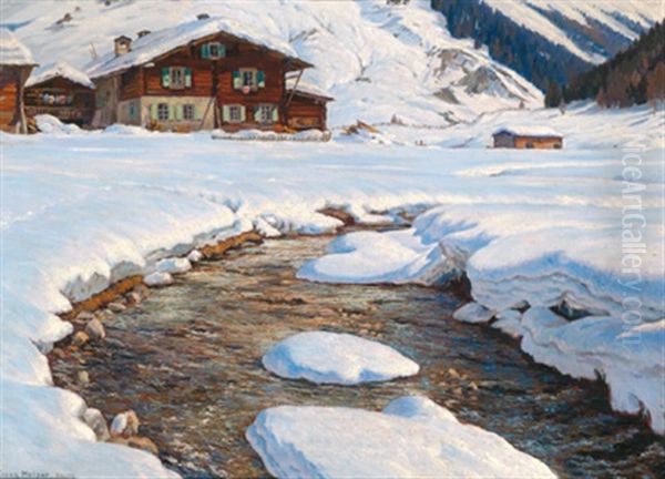 Winterliche Bachlandschaft, Davos Oil Painting by Franz Holper