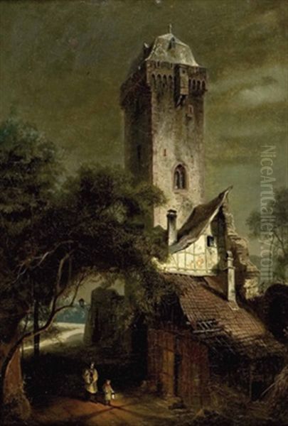 Nachtlicher Besuch Bei Einer Schlossruine Mit Wehrturm Oil Painting by Constantin Hoelscher