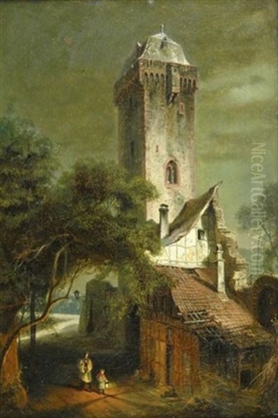 Schlosruine Mit Wehrturm Im Mondenschein (reichartshausen Oil Painting by Constantin Hoelscher