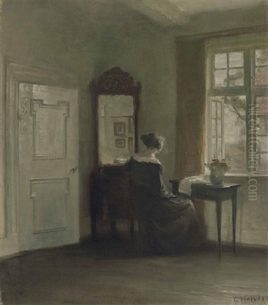 Interior With A Woman At The Window Oil Painting by Carl Vilhelm Holsoe