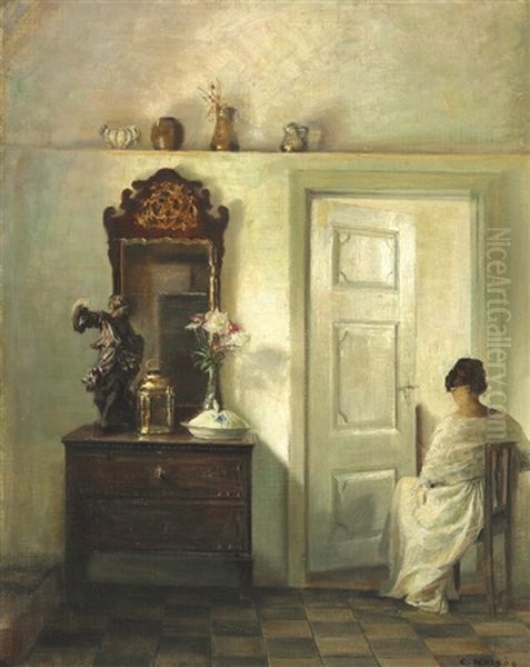 Interior With The Artist's Wife Seated At An Open Door Oil Painting by Carl Vilhelm Holsoe