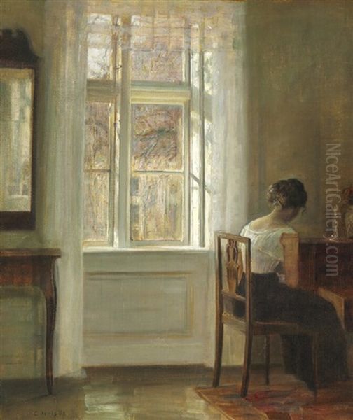 Interior With The Painter's Wife At The Window Oil Painting by Carl Vilhelm Holsoe