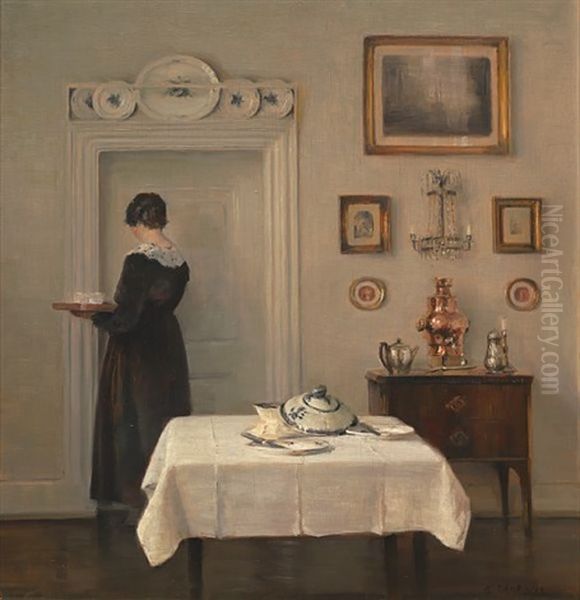 Interior Med Kvinne Oil Painting by Carl Vilhelm Holsoe