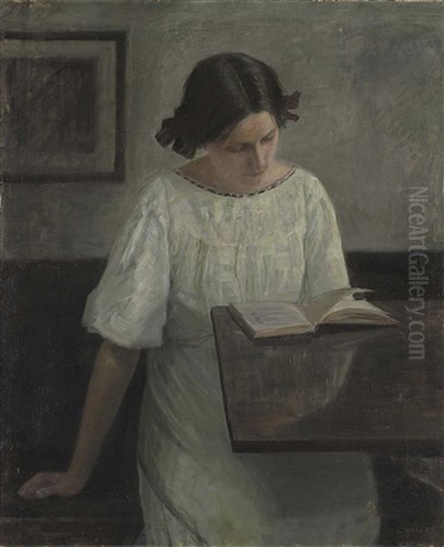 The Artist's Wife In White Reading Oil Painting by Carl Vilhelm Holsoe