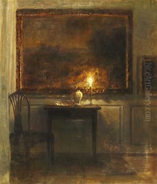 Interior With A Candle On A Table Oil Painting by Carl Vilhelm Holsoe