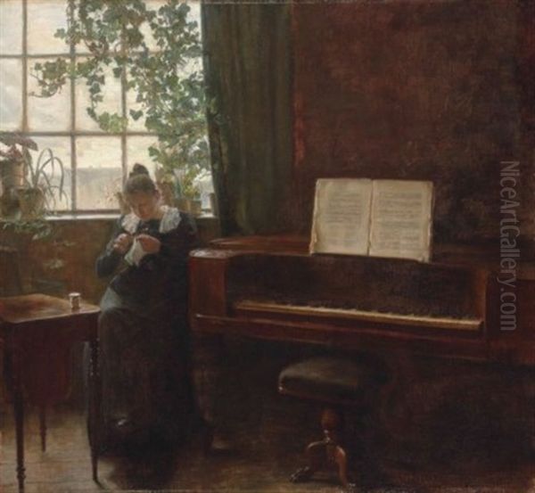 Young Lady Sewing In The Music Room Oil Painting by Carl Vilhelm Holsoe