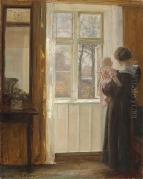 A Mother And Child At A Window Oil Painting by Carl Vilhelm Holsoe