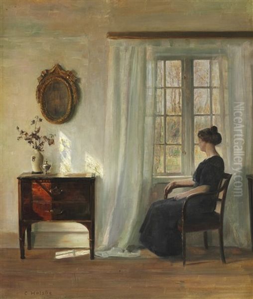 Interior With Seated Woman At The Window Oil Painting by Carl Vilhelm Holsoe