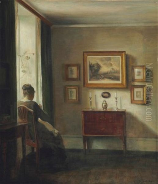 Interior With The Artist's Wife Sewing By A Window Oil Painting by Carl Vilhelm Holsoe