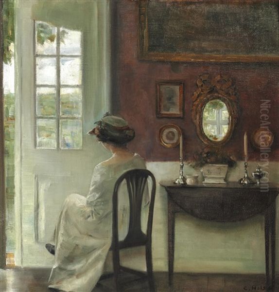 Interior With A Young Woman Sitting Next To The Garden Door Oil Painting by Carl Vilhelm Holsoe