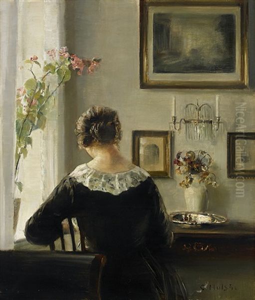 Woman Reading By The Window Oil Painting by Carl Vilhelm Holsoe