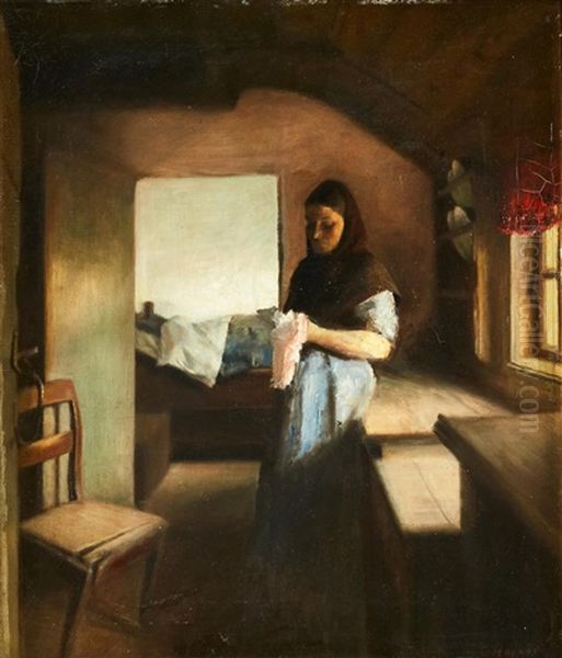 Interior With A Woman Reading Oil Painting by Carl Vilhelm Holsoe