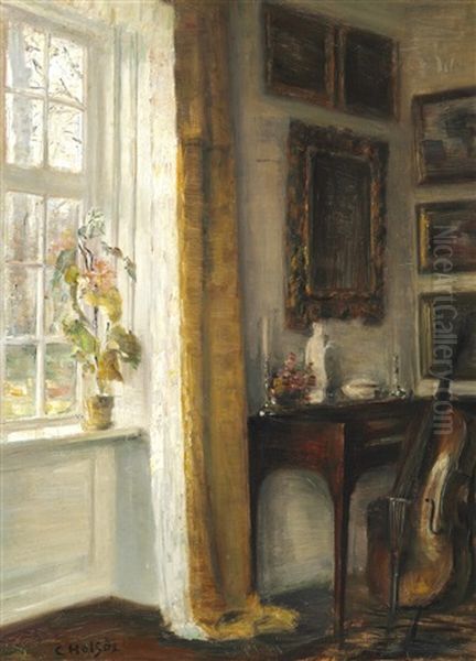 Interior With A Cello And A Small Piano Near A Window Towards The Garden Oil Painting by Carl Vilhelm Holsoe