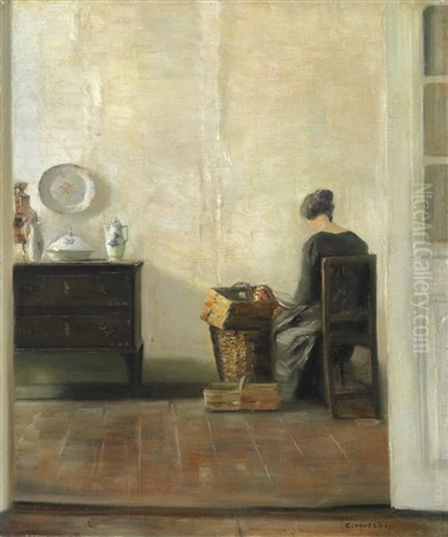 Interior With The Artist's Wife Peeling Apples Oil Painting by Carl Vilhelm Holsoe