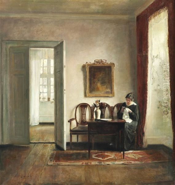 Interior With The Painter's Wife Knitting In A Corner Of The Living Room Oil Painting by Carl Vilhelm Holsoe