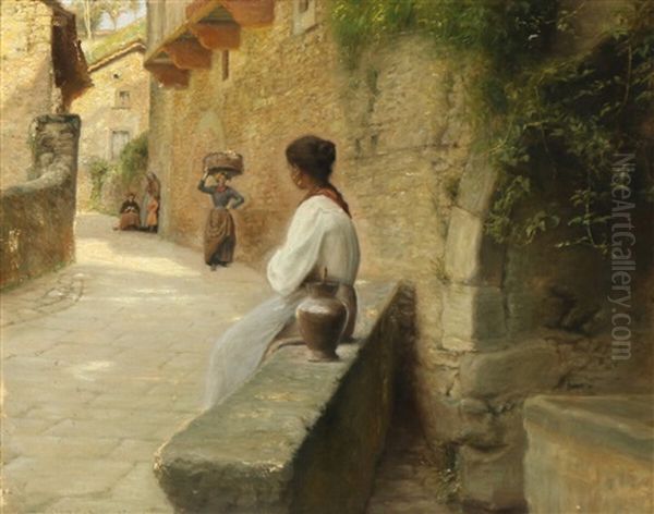 Southern European Street Scenery With Women Near A Well Oil Painting by Carl Vilhelm Holsoe