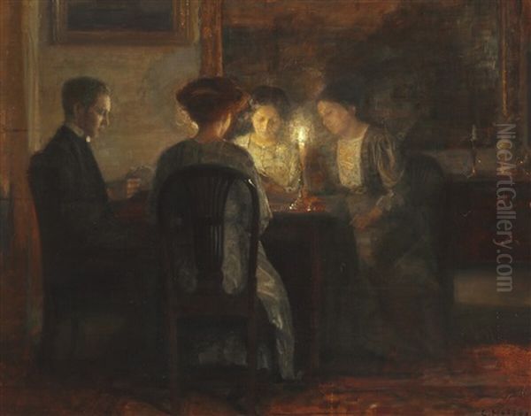 Interior With A Family Playing Cards By The Candlelight Oil Painting by Carl Vilhelm Holsoe