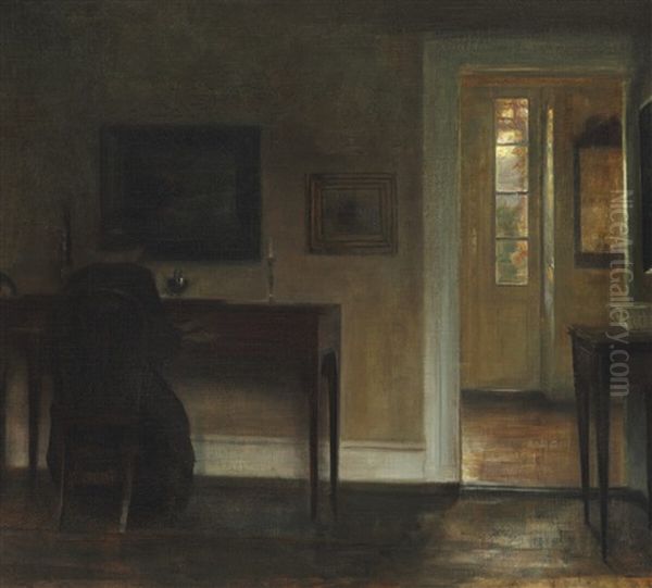 Interior With The Painter's Wife Sitting At The Piano Oil Painting by Carl Vilhelm Holsoe