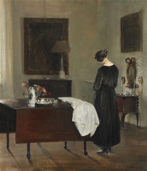 The Painter's Wife In Their Home Reading A Book Oil Painting by Carl Vilhelm Holsoe