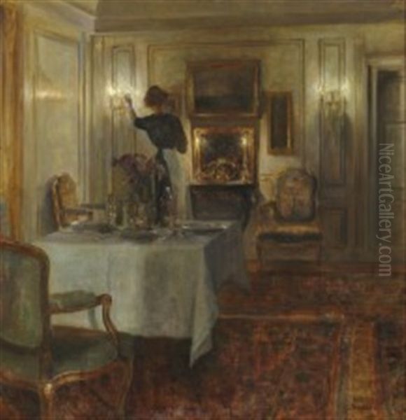 Evening Interior Oil Painting by Carl Vilhelm Holsoe