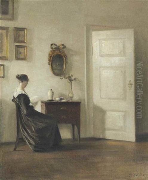 Lady Reading In An Interior Oil Painting by Carl Vilhelm Holsoe