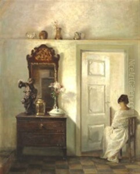 Interior With The Artist's Wife Sitting In The Doorway Oil Painting by Carl Vilhelm Holsoe