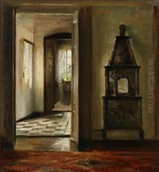 Interior With An Oven And A Sunlit Hallway Oil Painting by Carl Vilhelm Holsoe