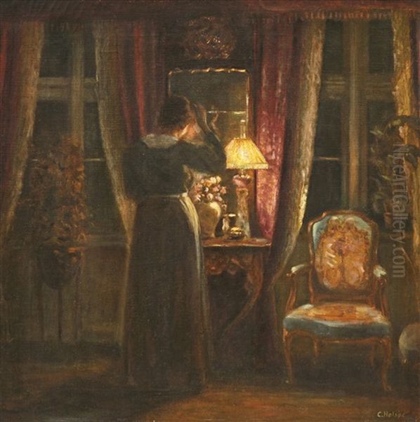 Woman In Front Of The Mirror Oil Painting by Carl Vilhelm Holsoe