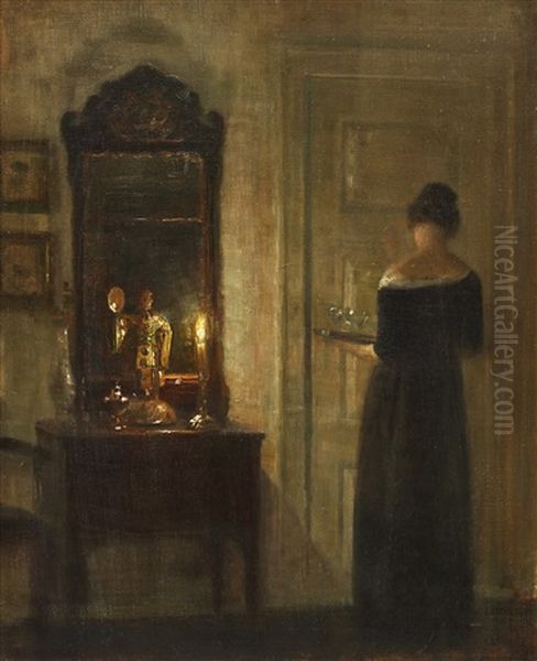 Interior With A Woman In Candlelight Oil Painting by Carl Vilhelm Holsoe