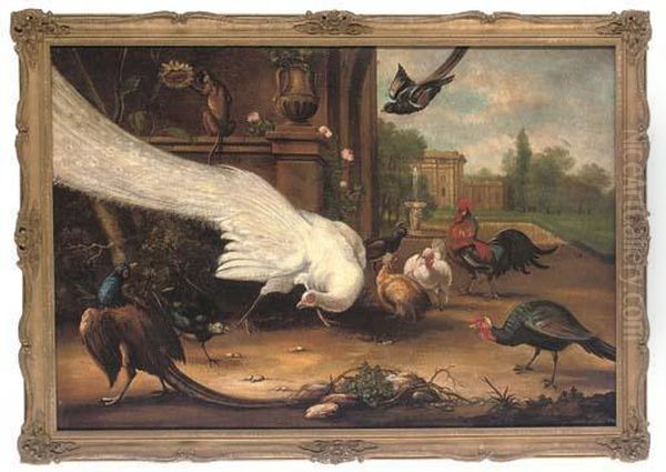 Peacock, Pheasant, Cockerel, Hens, Magpies And A Monkey In The Grounds Of A Country Estate Oil Painting by Francis Barlow