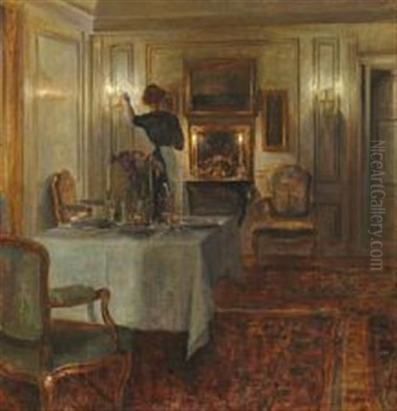 Evening Interior Oil Painting by Carl Vilhelm Holsoe