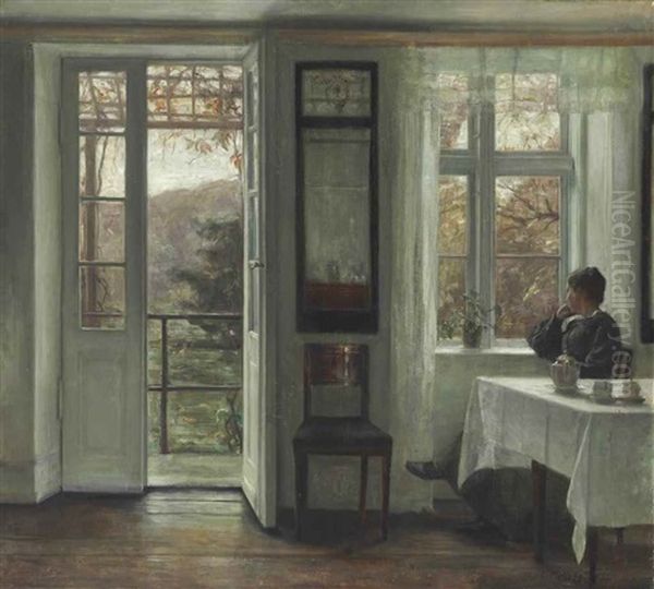 The Artist's Wife Sitting At A Window In A Sunlit Room Oil Painting by Carl Vilhelm Holsoe