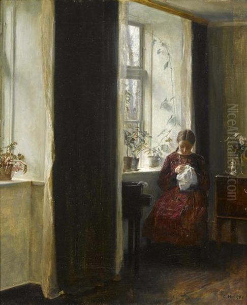 Young Girl Embroidering By The Window Oil Painting by Carl Vilhelm Holsoe