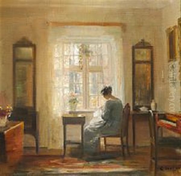 Sewing Woman At The Window Oil Painting by Carl Vilhelm Holsoe