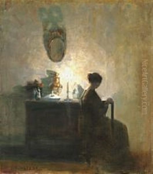 Interior With The Artist's Wife Reading By The Candlelight Oil Painting by Carl Vilhelm Holsoe