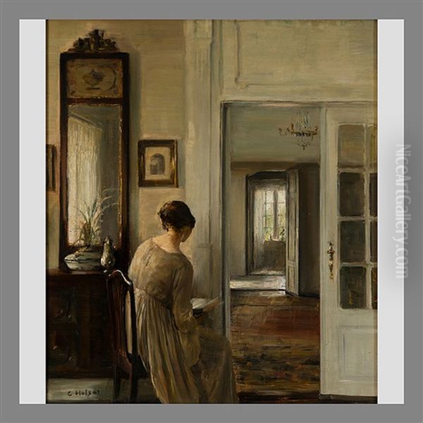 Reading (the Painter's Wife) Oil Painting by Carl Vilhelm Holsoe