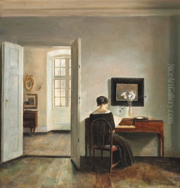 Interior With The Painters's Wife Sitting At The Piano Oil Painting by Carl Vilhelm Holsoe